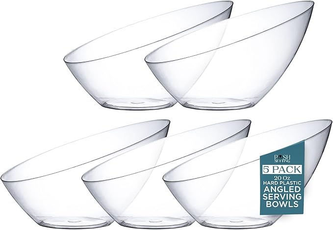 5 Pack Clear Angled Plastic Serving Bowl Disposable for Party Table 20oz | Angled Bowl Design. Chip, Candy, Salad & Fruit Use. Disposable Party Tableware. Buffet & Wedding Serving. Clear Plastic.