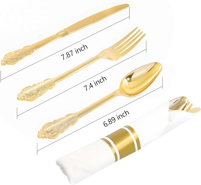 400PCS Gold Wrapped Silverware Disposable Fancy for Parties Weddings | Pre-Rolled and Individually Wrapped, 100 Guests, Durable and Sturdy, BPA free, Includes Matching Napkins, for Elegant Dinners