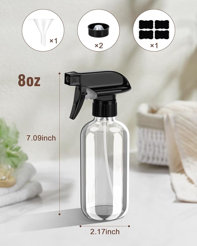 Bontip Glass Spray Bottle 8 oz for Cleaning, Plants (2 Pack, Transparent) | Refillable spray bottle Set, BPA-free eco glass, With labels and funnel, Great for cleaners, plant misting, hair care