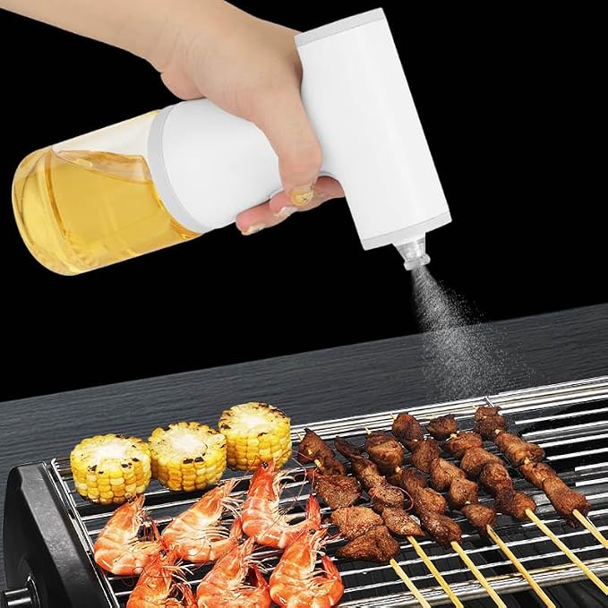 2-in-1 Electric Oil Sprayer Dispenser Automatic Olive Oil Misting Spray Stream Jet 9oz/260ml Glass Bottle for Cooking, Salad, Air Frying, Baking, BBQ, Built-in Rechargeable Battery (White)