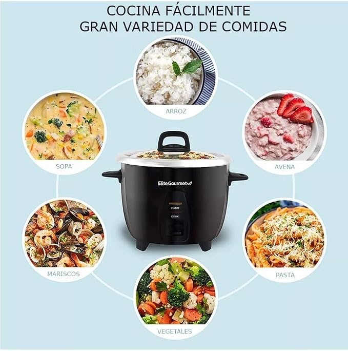 Elite Gourmet ERC2010B Rice Cooker, Stainless Steel, Black, 10 Cups Cooked | 5 Cups Uncooked - Also Makes Soups, Stews, Porridges, Grains and Cereals for Versatile Cooking