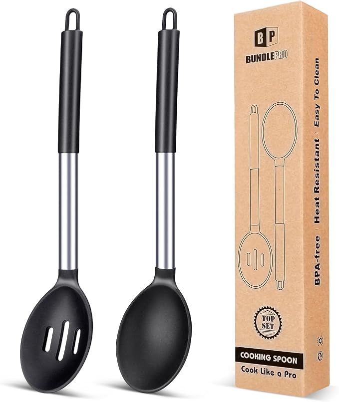 BUNDLEPRO Silicone Cooking Spoons for Non Stick Cookware, 2 Pack, Black | Heat Resistant, Large Kitchen Spoons for Mixing, Serving, Draining, Stirring