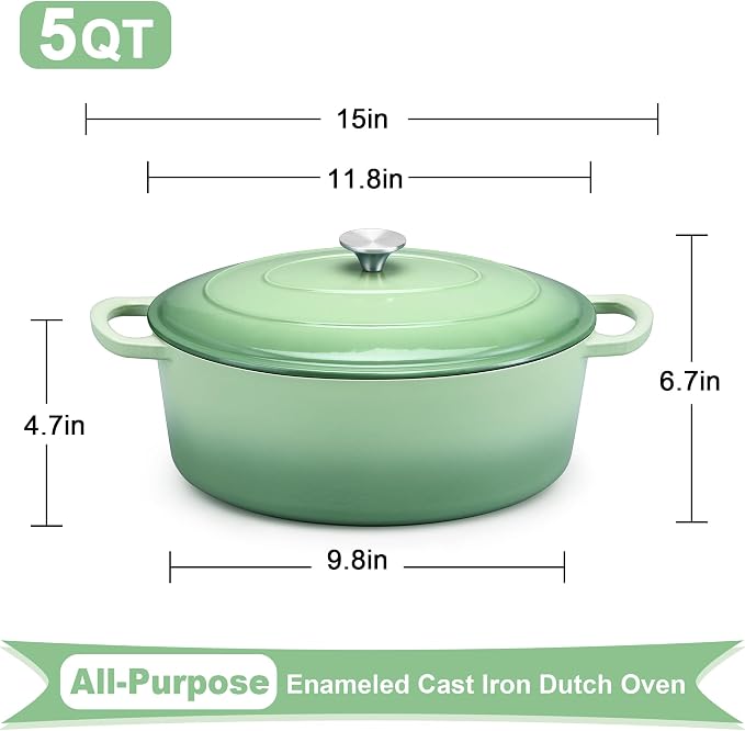 E-far 5QT Oval Dutch Oven Pot with Lid, Enameled Cast Iron Dutch Oven with Dual Handles, Heavy-Duty Cookware for Sourdough Bread Baking, Braising, Stews, Oven Safe & Easy Clean, Green