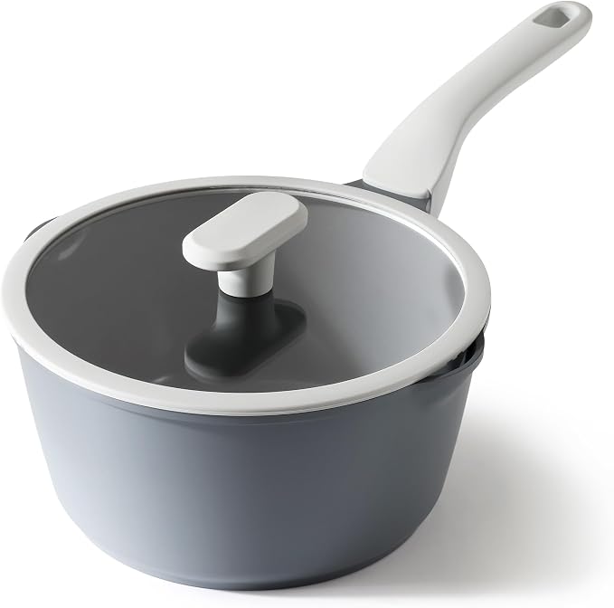 PRICUSIS Ceramic Nonstick Saucepan with Lid, 3 Quart Non Toxic Pot with Pour Spouts, Full Coated, 100% Dishwasher Safe, Induction Compatible, PTFE PFAS & PFOA Free, Grey