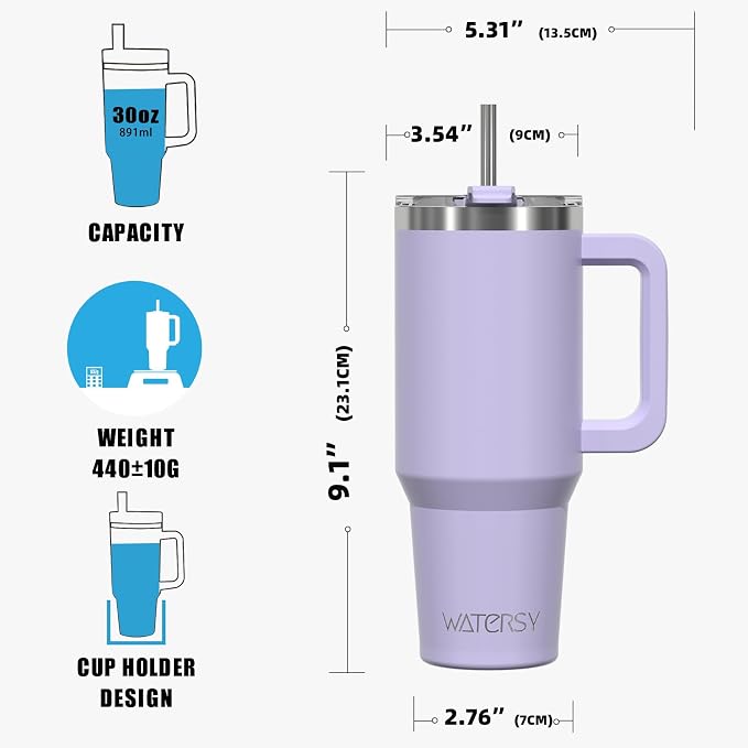 30 oz Tumbler with Handle,Tumbler with Lid and Straw,Double Wall Insulated Cup Stainless Steel Travel Mug(Cold for 34 Hours),Water Bottle for Iced Tea,Coffee,Cold Beverages(Purple)