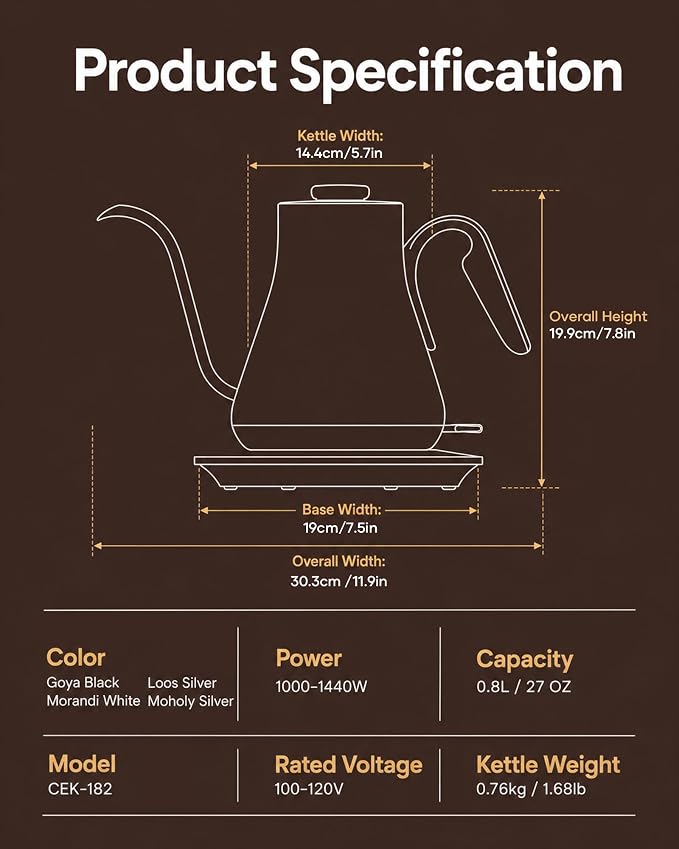 Cocinare Gooseneck Electric Kettle 0.8L, Fast Boil Pour Over Coffee, Tea | 1440W Fast Boil, 304 Stainless Steel Interior, Gooseneck Precision Spout, Auto Shut-Off & Boil-Dry Protection, Loos Silver