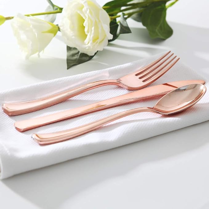 300 Pieces Rose Gold Plastic Silverware- Disposable Flatware Set - Heavy Duty Plastic Cutlery Includes 100 Forks, 100 Spoons, 100 Knives Perfect for Wedding/Party/Birthday