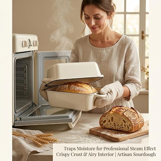 5 Quart Enameled Cast Iron Bread Pan with Lid, Dutch Oven for Sourdough Bread Baking, Large 12.6" Loaf Pan for Homemade Artisan Bread, Oven Safe for Crispy Crust & Fluffy Interior (Cream White)
