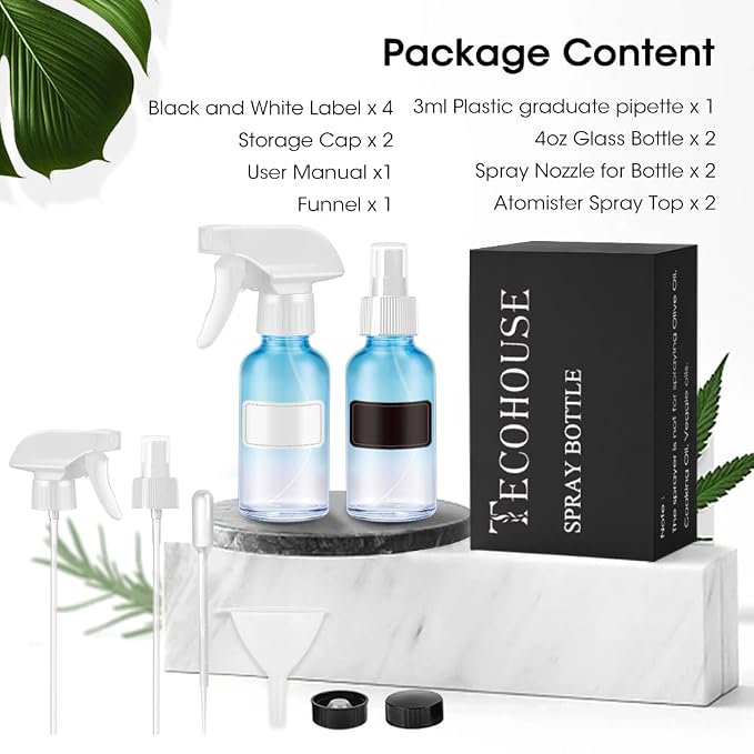Small Glass Spray Bottle 4 OZ, 2 Pack Empty Blue Glass Spray Bottles | Empty Spray Bottles for cleaning, Plants, Pets, Hair, Durable Spray Nozzle, Fine Mist, Labels, Funnel, Pipettes, Reusable