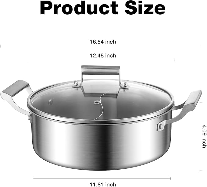 DELARLO 6.8QT Tri-Ply Stainless Steel Double-flavor Shabu Shabu Pot 12 inch | Everyday Pan with Lid, Kitchen Induction,Cooking Hot Pot, Oven Safe Stock Pot, Up to 600℉