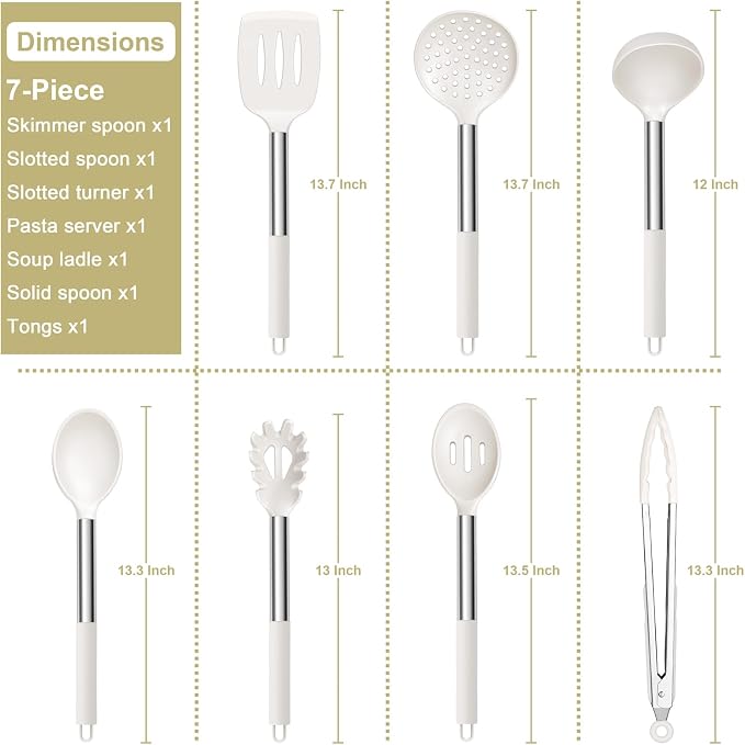 E-far Silicone Cooking Utensils Set, 7-Piece White Kitchen Utensils Set | Heat Resistant Nonstick Cookware with Stainless Steel Handle, Slotted Turner, Spoon, Soup Ladle, Pasta Server, Skimmer, Tongs