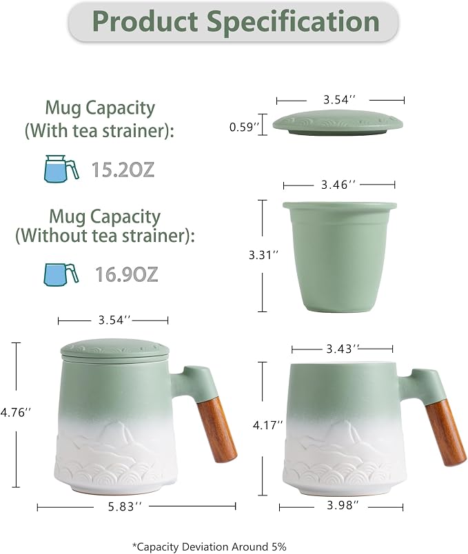 ZENS Tea Mug with Infuser and Lid for Loose Leaf Tea Diffusers, 16.9oz | Embossed Ceramic Tea Cup with Infuser, Tea Steeper for Loose Tea Lovers Gifts, Wood Handle, Moss White