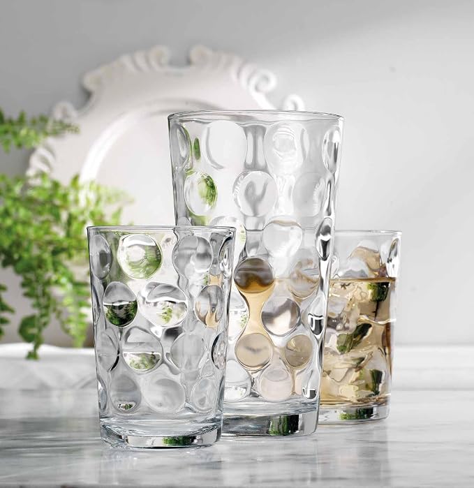 Home Essentials & Beyond Glassware Set 18 Piece Mixed Drinkware Set. 6 Highball Tumblers-17 oz., 6 Rock Whiskey-13 oz., and 6 Juice-7 oz. All Size Glass Cups Drinking Glasses. (Design on Inner Glass)