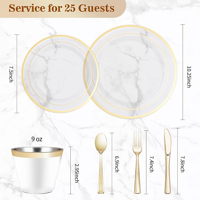 BESTVIP 150PCS Plastic Dinnerware Set (25 Guests), Clear Gold Disposable Plates for Party, Wedding, Christmas, Anniversary, Includes: Dinner Plates, Dessert Plates, Cups, Spoons, Forks and Knives | for Party, Wedding, Christmas, Includes: Dinner Plates...