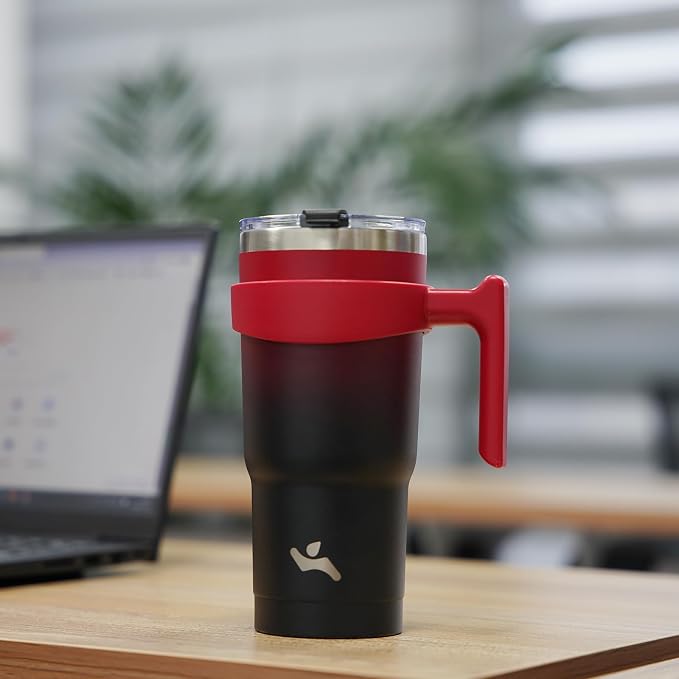 Konokyo 20 oz Tumbler with Handle and Straw, Insulated Travel Mug | Black; BPA-free, leak-proof tumbler with 2 lids, 2 straws, cup holder fit for coffee, office, travel & daily use