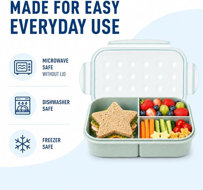 MISS BIG® Bento Lunch Box for Kids, 1150ml, 3 Compartments, Slate Blue | Slate blue 1150ml kids lunch box for school, daycare, snacks, light meals, picnic, and travel.