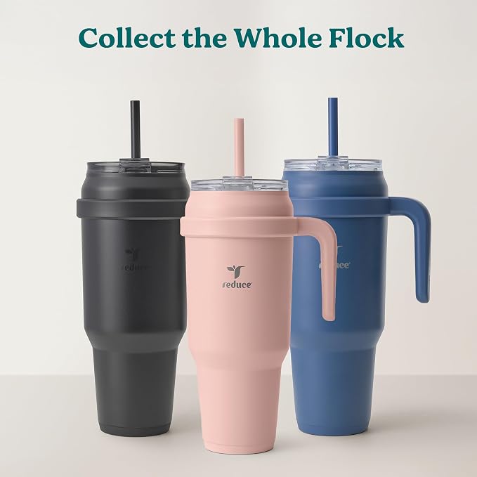 REDUCE 50 oz Stainless Steel Tumbler with Handle - Dual-Wall Vacuum Insulated Travel Mug, Sweat-Proof Lid & Reusable Straw - Keeps Drinks Cold for 24 Hrs, Fits Cupholders, Dishwasher Safe - Pink Clay