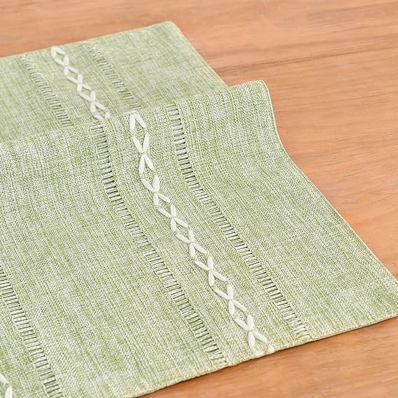 Wracra Cotton Linen Place Mats, Sage Green Embroidered Placemats Set of 6 | Placemats 12 x 18 Inch; Cotton Linen Woven Fabric; Heat Resistant Table Mats; Raised Embroidered Hollow Design