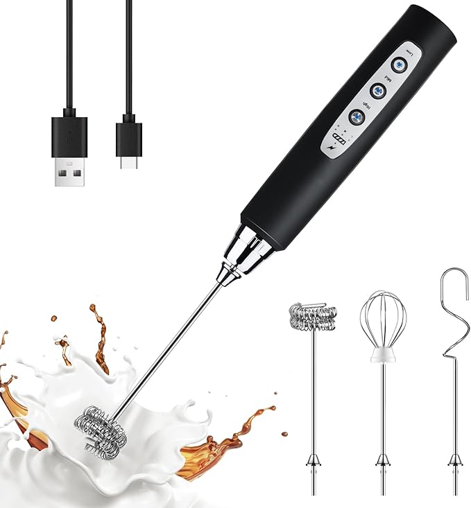 YUSWKO Handheld Milk Frother Wand for Coffee, Rechargeable Electric Whisk with 3 Heads 3 Speeds Drink Mixer Coffee Frother For Latte, Cappuccino, Hot Chocolate, Egg, Black
