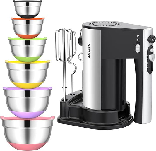 600W Electric Hand Mixer with 6 Piece Mixing Bowls | Mixer Electric Handheld Stainless Steel Metal Nesting Bowls Set for Kitchen Cooking Baking