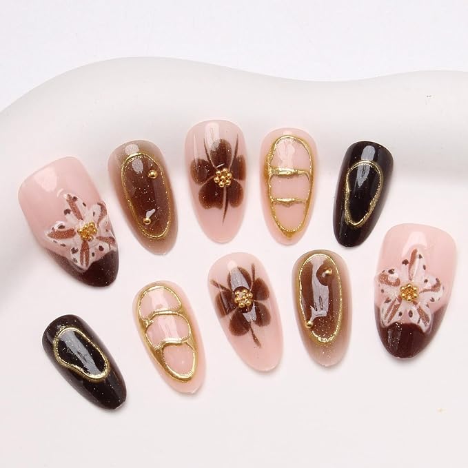 3D Flower Press On Nails Medium Almond Fake Nails Nude Brown Nails with Floral & Gold Pearl Design Full Cover False Nail Tips Chrome Line Vintage Fall Glue on Nails for Women Acrylic Manicure 30Pcs