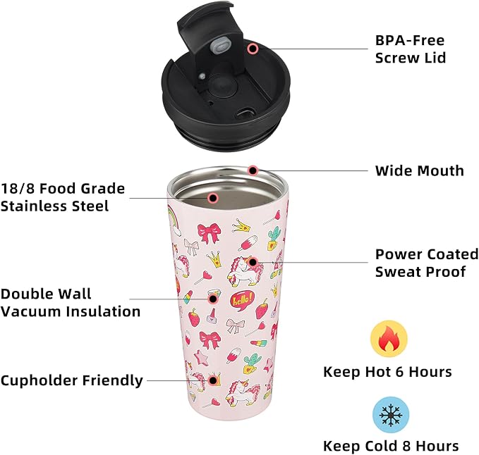 BJPKPK 22 oz Coffee Tumbler with Straw, Insulated Stainless Steel Cup | Double Wall Vacuum, Leak Proof Lid, Keeps Hot/Cold/Iced, BPA Free, Cupholder Friendly, Travel, Unicorns