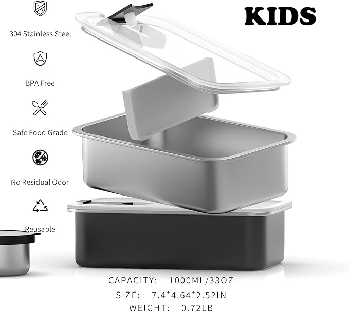 Bakpoco Stainless Steel Bento Lunch Box for Kids, 33oz Leak-Proof Lunch Box Containers, Microwave-Safe, with Adjustable Divider, Convenient Metal Lunchbox for School, Travel