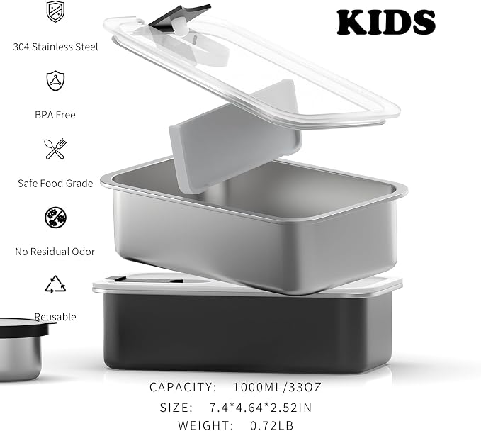Bakpoco Stainless Steel Bento Lunch Box for Kids, 33oz Leak-Proof Lunch Box Containers, Microwave-Safe, with Adjustable Divider, Convenient Metal Lunchbox for School, Travel