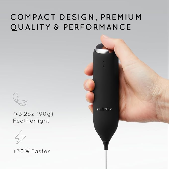 Flendy Rechargeable Milk Frother Handheld with Charging Stand | USB-C Charging Dock, 2 Detachable Double Whisk, Extra Long Mixer Wand, Wall Mount, Top Button, Compact Electric Stirrer