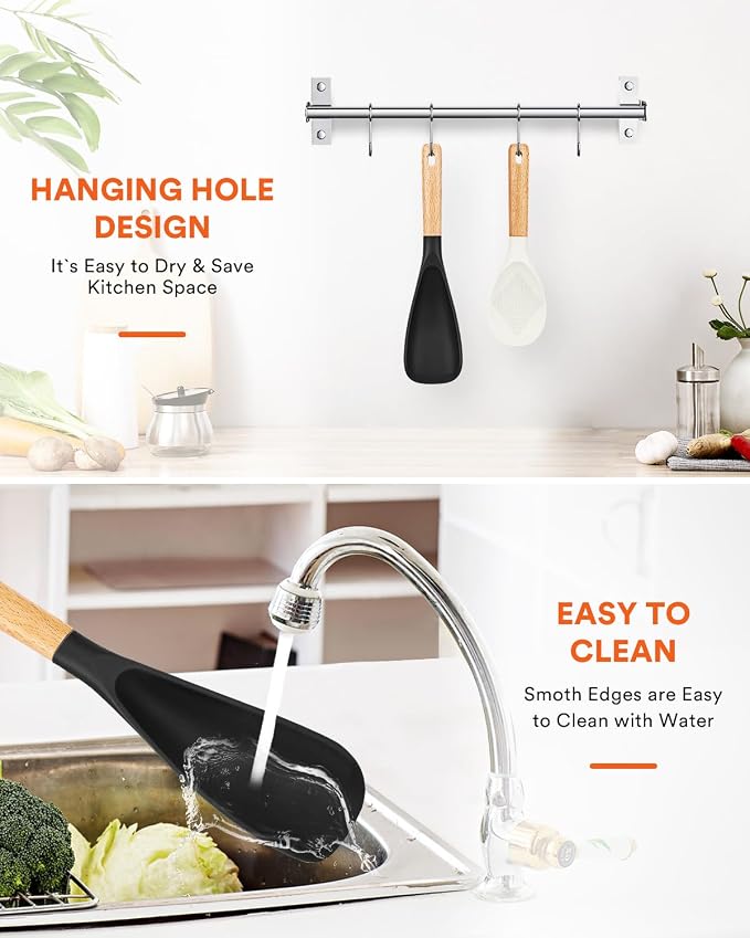 Cooking Spoon and Rice Scooper for Nonstick Cookware,Multi-function | Great for Cooking and Serving, Sturdy BPA-Free Matte Silicone, Wood Handle Spoon for Mixing, Scoop, and Scrape,9.3"+14.3"