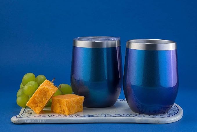 CHILLOUT LIFE 12 oz Stainless Steel Wine Tumblers 4 Pack - Double Wall Vacuum Insulated Wine Glasses Cups with Lids and Straws Set Keeping Cold & Hot for Coffee, Beer, Ice Cream - Blue Sparkle