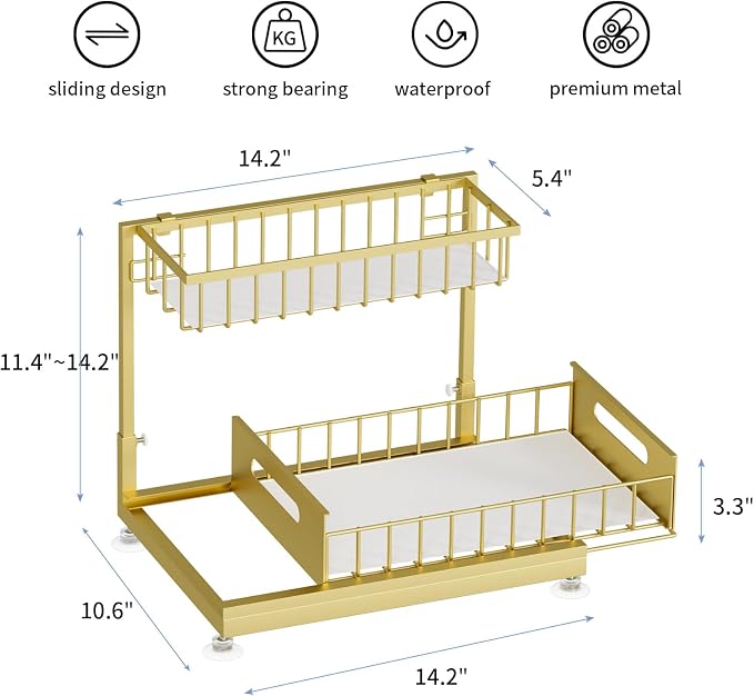 L-Shaped Under Sink Organizer, 2-Tier Pull-out Cabinet Rack 1-Pack | Gold Height-Adjustable Steel Rack, Sliding Grid Drawers with PP Liners, Holds 100 Lbs, Suction Base, Ideal Kitchen Storage
