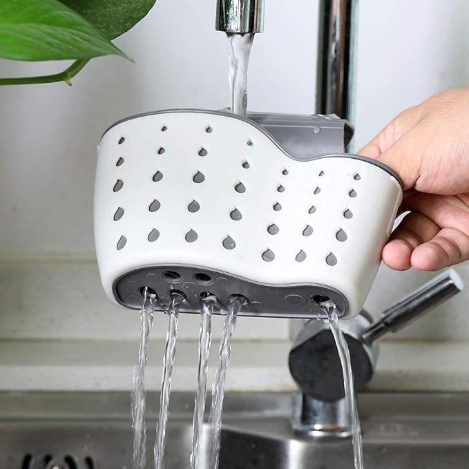EC ELEGANTCHARM Kitchen Sink Caddy Sponge Holder Silicone Plastic Soap Holder Hanging Ajustable Strap Faucet Caddy with Drain Holes for Drying