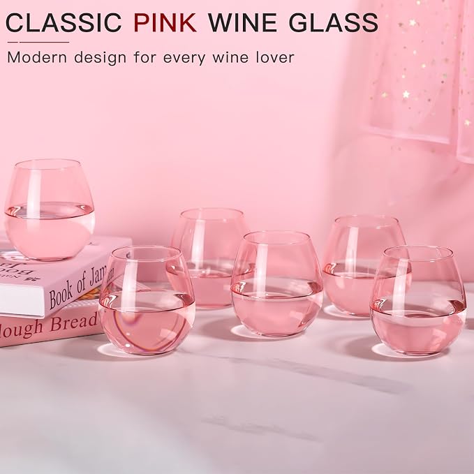 Pink Wine Glasses Set of 6-15oz -Colored Stemless Hand-Blown Wine Glasses, European Design Crystal Glass For Red & White Wine, Unique Gifts for Wedding, Birthday