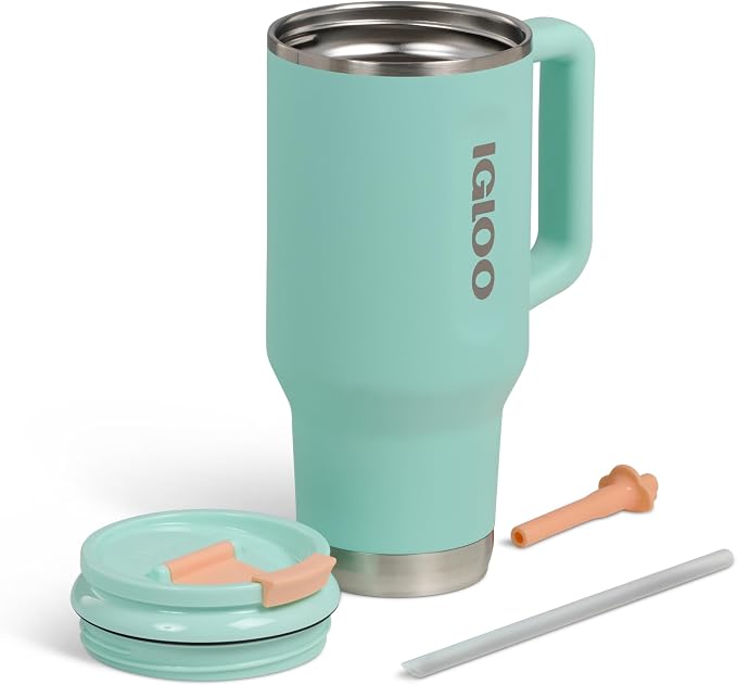 Igloo, 32 oz Tumbler with Handle, Reusable Travel Mug, Stainless Steel Insulated Hydration Cup for Hot & Cold Beverages, Seafoam