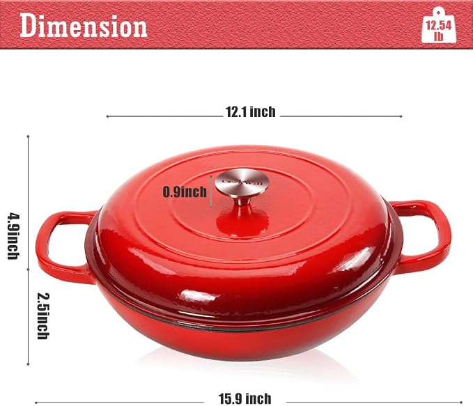 Cast Iron Casserole Braiser, 3.8 Quart Enameled Cast Iron Dutch Oven Pan with Lid, Heavy Duty and Dual Handles Skillet, Oven-Safe Porcelain Surface Casserole Dish, Red