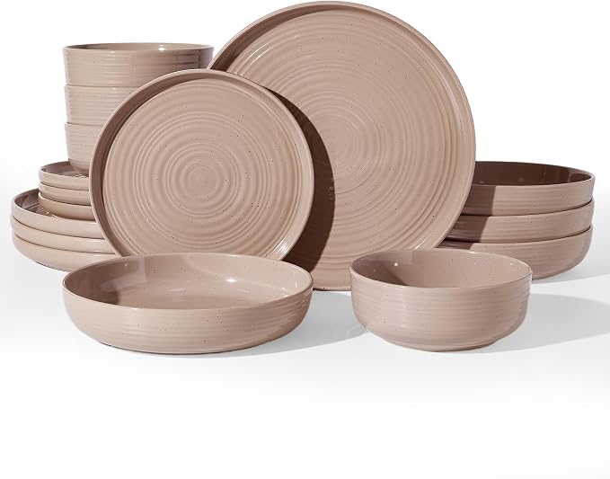 Stoneware Dinnerware Sets with Pasta Bowls, Service for 4 | 16-Piece Ceramic Plates and Bowls, Speckled Spiral Dishes, Chip & Scratch Resistant, Microwave & Dishwasher Safe, White Honey