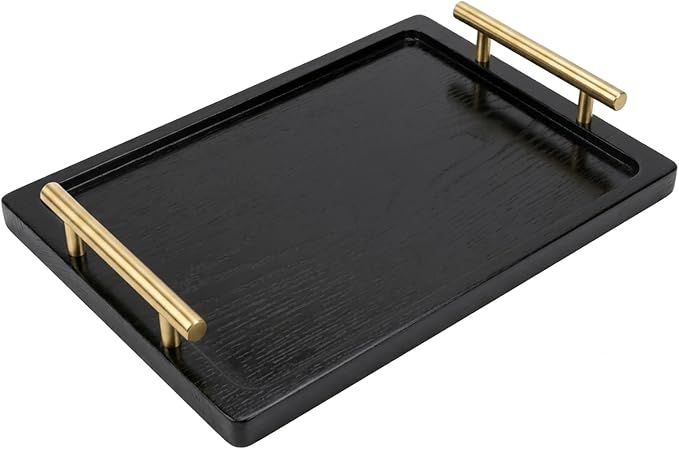 PEKER Wooden Serving Tray with Metal Handles, Black Decorative Coffee Table Tray for Breakfast in Bed, Ottoman & Home Décor, Wooden Food Tray for Kitchen