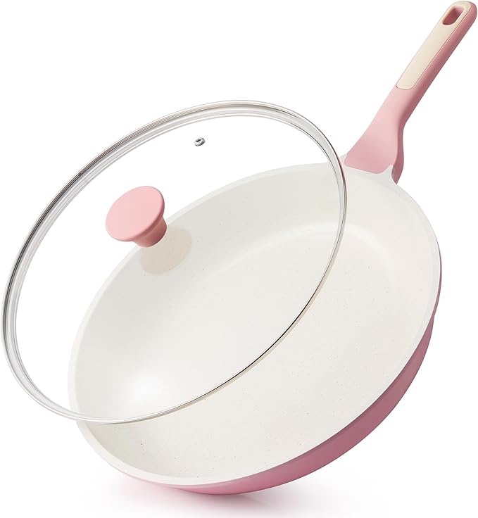 SENSARTE 11Inch Nonstick Ceramic Frying Pan with Lid, PFAS/PTFE Free, Pink | Ceramic Omelette Pan Skillet, Healthy Non-toxic Chef's Pan, Induction Compatible Pan, Heat Resistant Handle