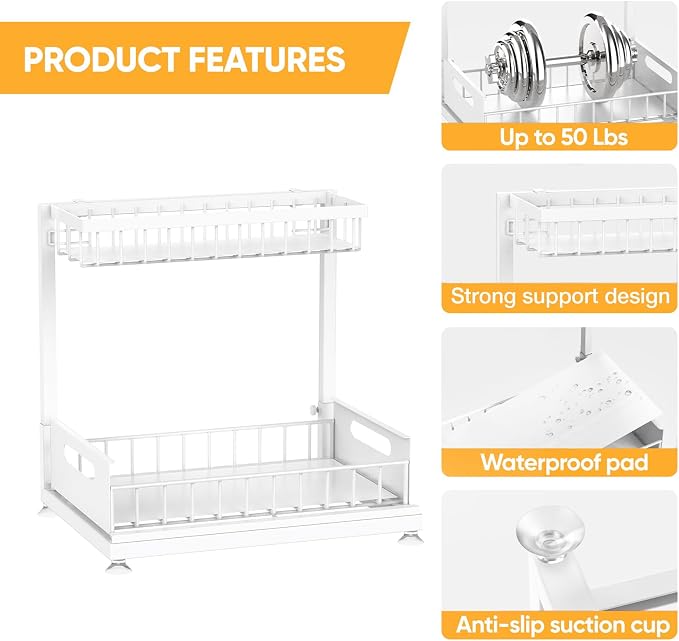 L-Shaped Under Sink Organizer, 2-Tier Pull-out Cabinet Rack 1-Pack | White Height-Adjustable Steel Rack, Sliding Grid Drawers with PP Liners, Holds 100 Lbs, Suction Base, Ideal Kitchen Storage