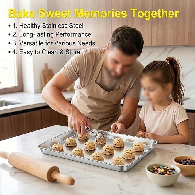 TeamFar Toaster Oven Pan, 12.5"x 9.5"x 1" Stainless Steel Baking Sheet Pan | Set of 2, Toaster Oven Tray Ovenware, Cookie Sheet for Roasting/Cooking, Non-toxic & Healthy, Easy Clean & Dishwasher Safe