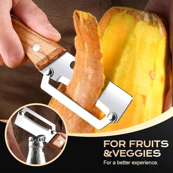 Multi-Functional Vegetable Peeler for Kitchen, 2026 New Stainless Steel Peeler with Wooden Handle and Bottle Opener, Kitchen Tool for Fruit Veggie Pumpkin, Gifts for Mom (2PCS)