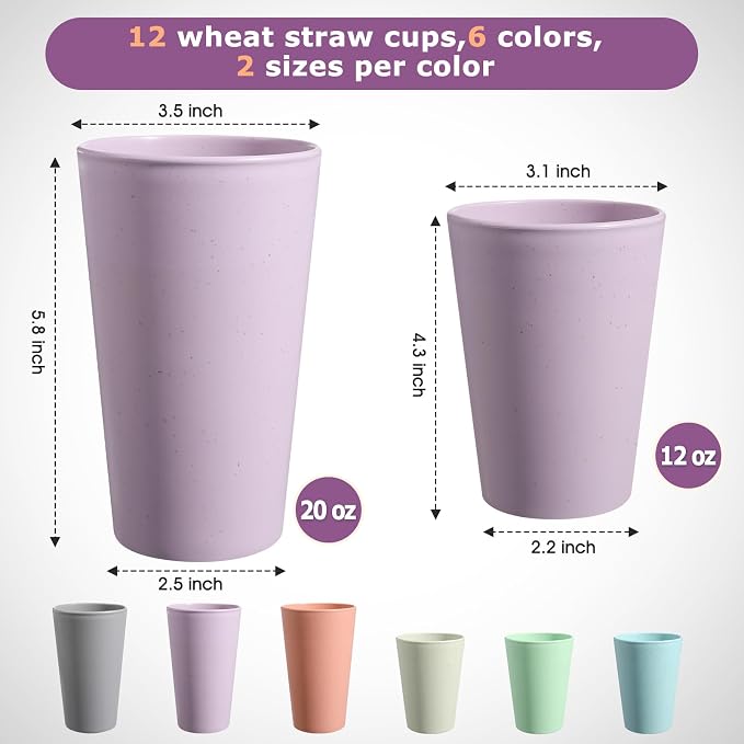 HEYCOME Set of 12 Wheat Straw Cups, 6 Pcs 20 oz & 6 Pcs 12 oz Unbreakable Drinking Cups, Reusable Plastic Cups Sets, Water Glasses Tumblers, Microwave & Dishwasher Safe, Bpa Free, 6 Colors