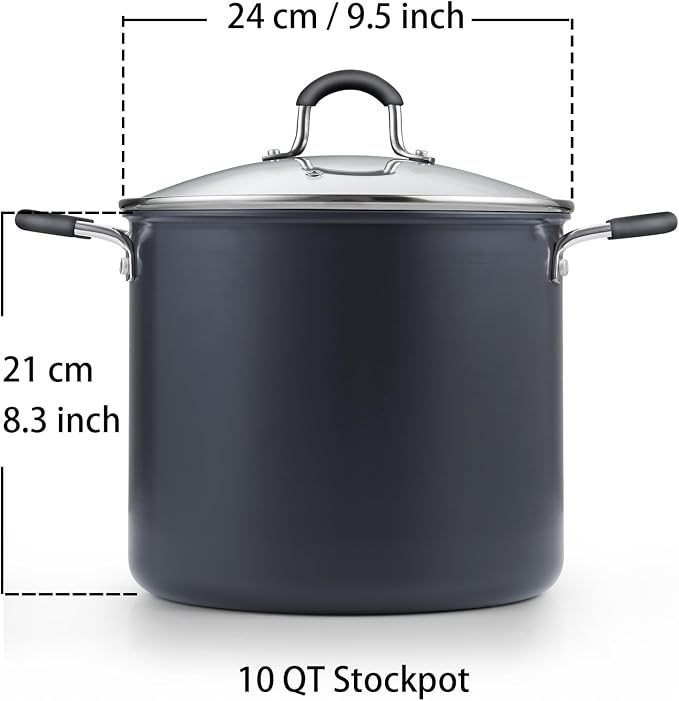 Cook N Home 10 Quart Non Stick Stock Pot with Lid, Hard Anodized Cookware | Nonstick Soup Pot, Stockpot with Stay-Cool Handles Large Pots for Cooking - Oven Safe, Black
