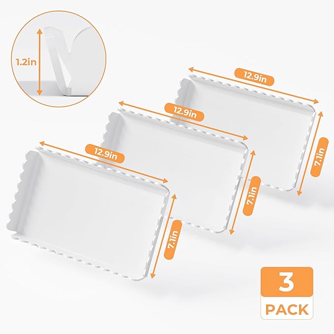 Acrylic Serving Trays 3 Pack, Glossy White Scalloped Acrylic Platters for Party Table Serving Food Cupcake Fruit, 12.9 x 7.1 Inch Reusable Catering Dessert Coffee Table Serving Tray for Wedding Event (Tray-White)