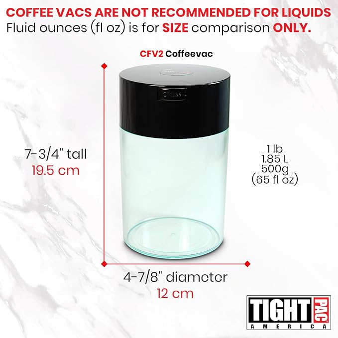 COFFEEVAC 1 LB Airtight Coffee Bean Storage Container, Patented Vacuum Seal, Coffee Grounds Container, 1.85L, Smell Proof, Black Cap and Clear Body