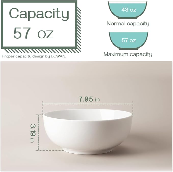 DOWAN Salad Bowls, Large Pho Bowls, 8" White Centerpiece Bowls for Nut, Pasta, Soup, Side Dishes, Ramen, Fruit, Kitchen Decor, Microwave & Dishwasher Safe, 57 Ounce