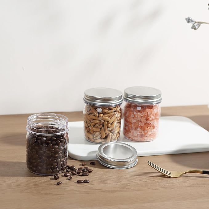 novelinks 8 oz Plastic Mason Jars and Clear Plastic Jars with Lids 8 oz | 48 Pack, Silver, Plastic Containers with Lids, Small Mason Jars, Clear Jars Bulk, Spice Jars, Slime Jars, Mini Jars