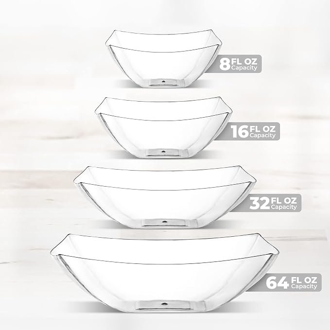 4 Pack Disposable Clear Plastic Serving Bowls Square Party Candy Use 64oz | Square Design. Disposable Party Tableware. Salad, Fruit & Candy Use. Candy Buffet Containers. Clear Plastic.
