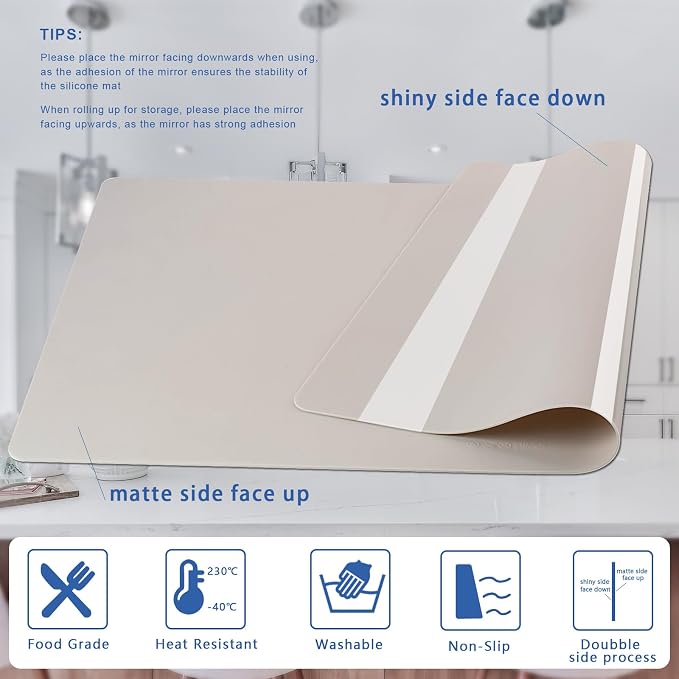 Food-Grade Silicone mat，2MM Extra Thick Silicone Mats for Kitchen Counter, 25.6" x17.7" Non-Slip Waterproof Large Countertop Protector Mat, Heat Resistant Mat, Silicone Placemat (White Gray)